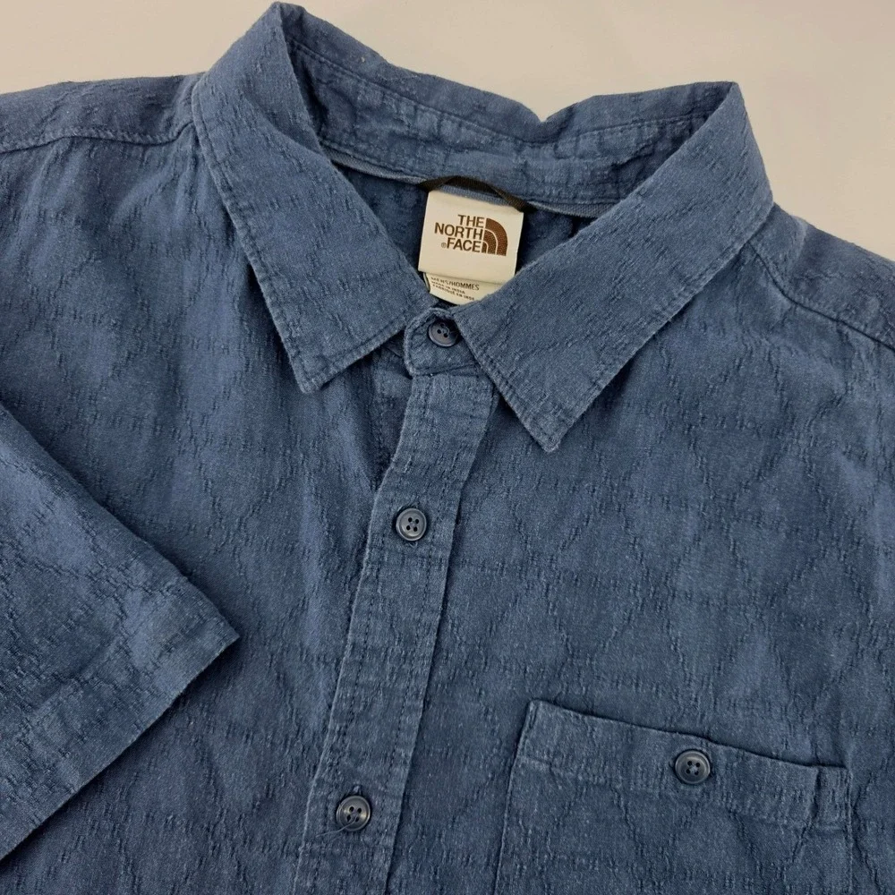 The North Face Mens Blue Textured Cotton Hemp Short Sleeve Button Down Shirt XL